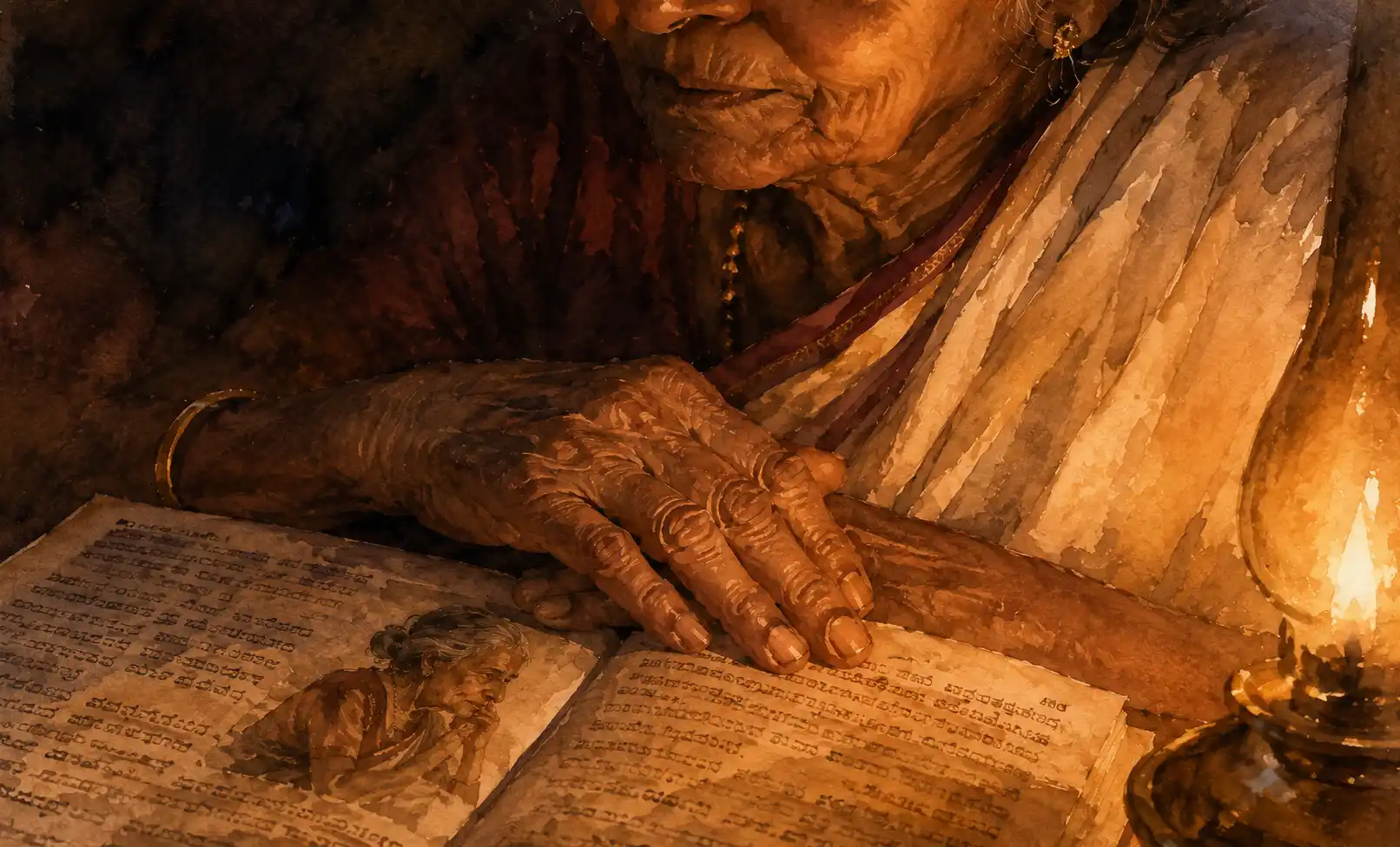 An elderly woman's wrinkled hands resting on the edge of an open Kannada magazine, her eyes faraway, lamp light on the page