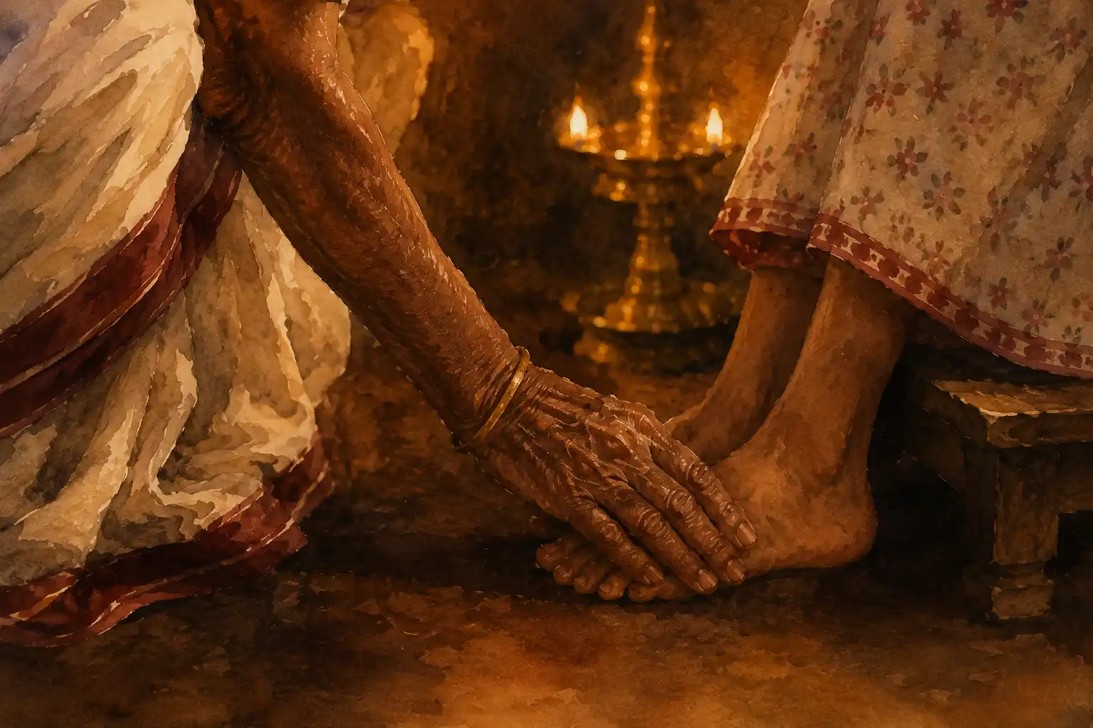 Close-up painterly view of an elderly woman's hand bowed to touch a young girl's foot — the gesture of charan sparsh, here inverted (grandmother to granddaughter)