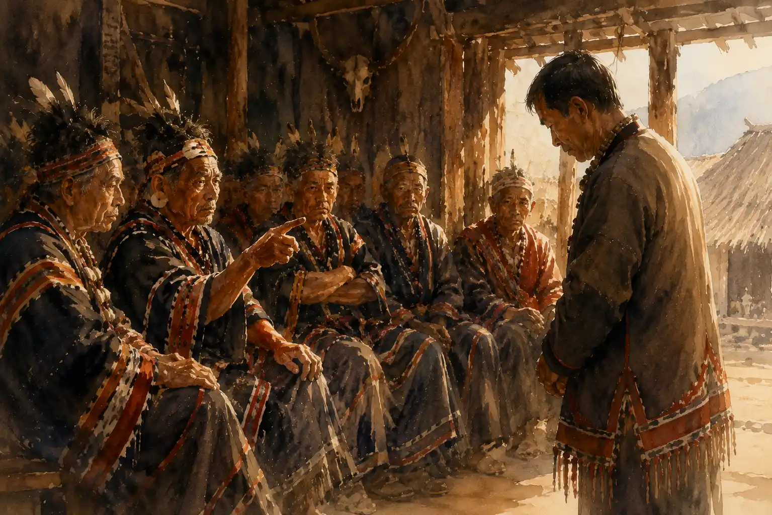 Village elders seated in a circle questioning a humble man standing before them, traditional Naga setting