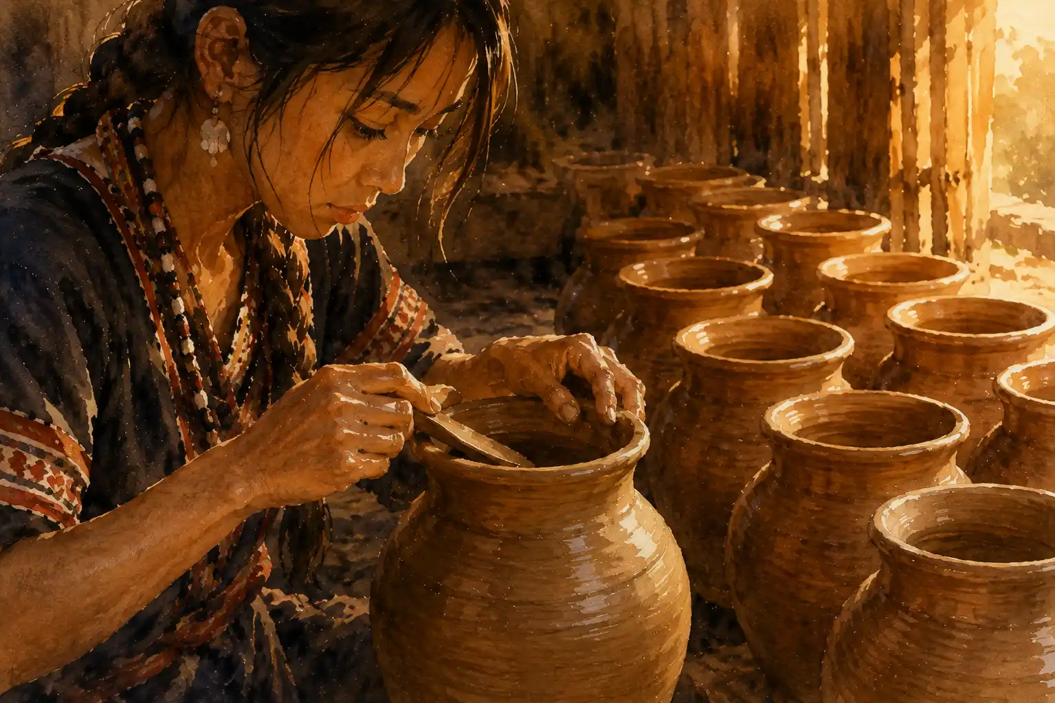 A young woman's hands, sure and steady now, shaping the rim of a clay pot, late golden light