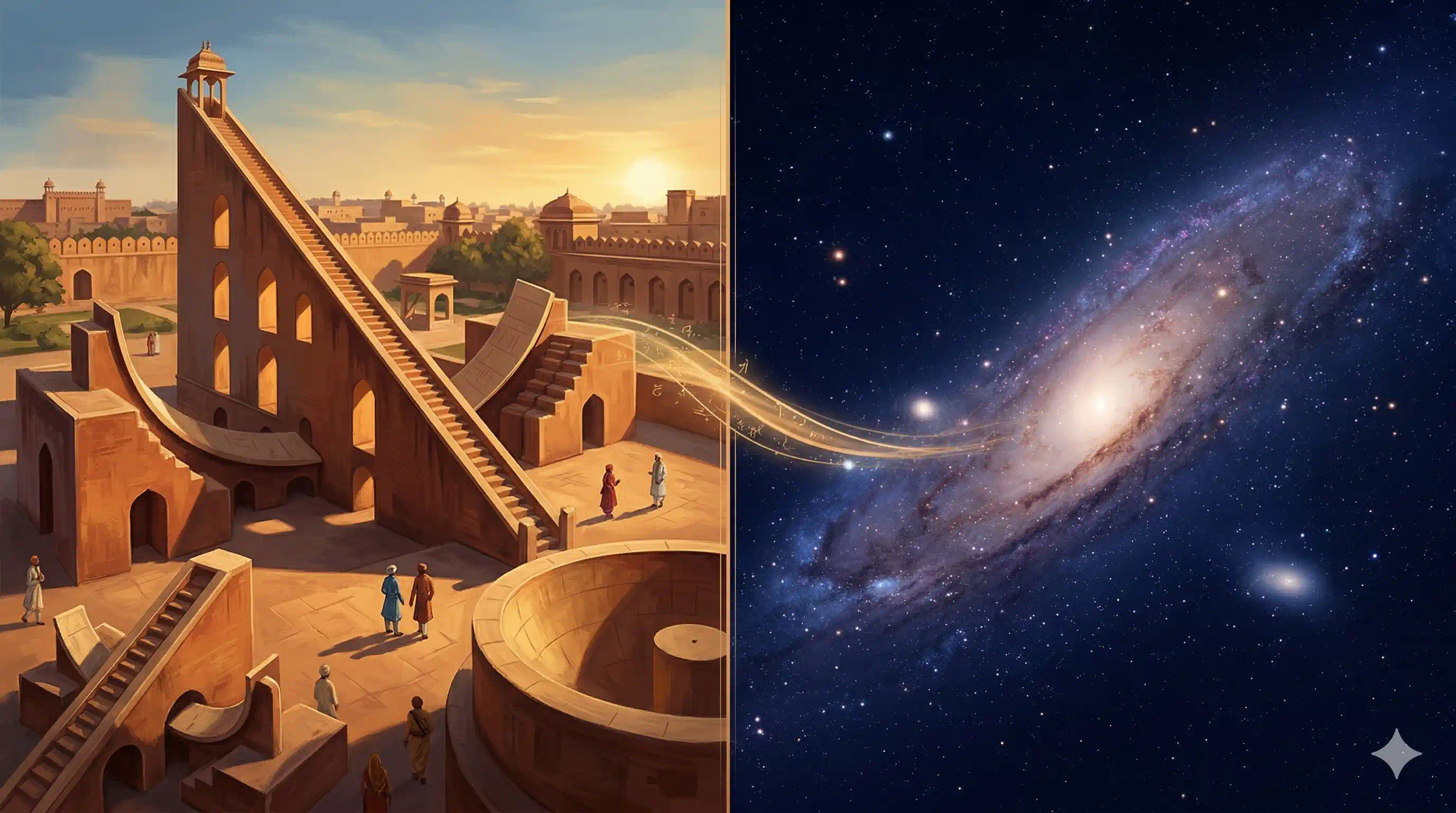 Jantar Mantar observatory in Jaipur alongside a view of the cosmos — ancient and modern astronomy in dialogue