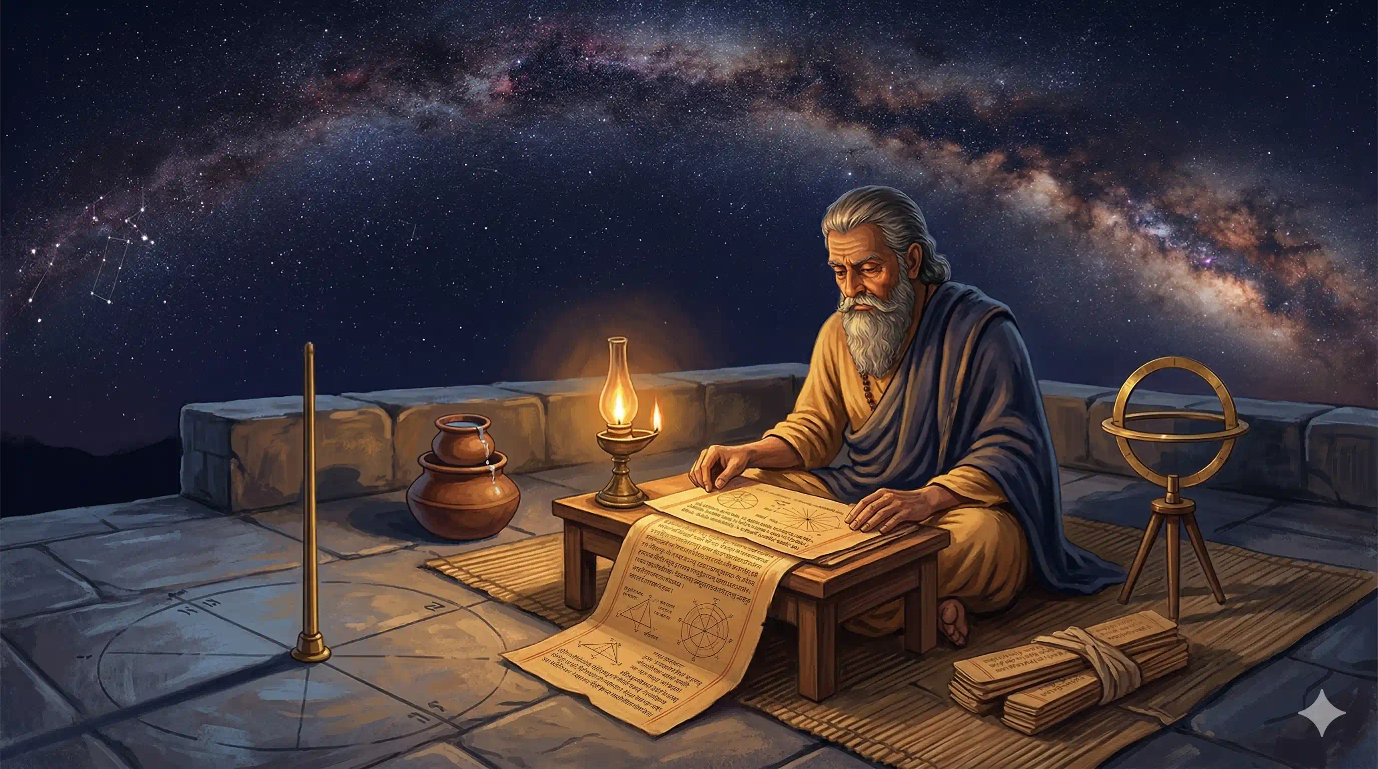 An ancient Indian Rishi-scientist studying the night sky — patient, systematic observation of the cosmos