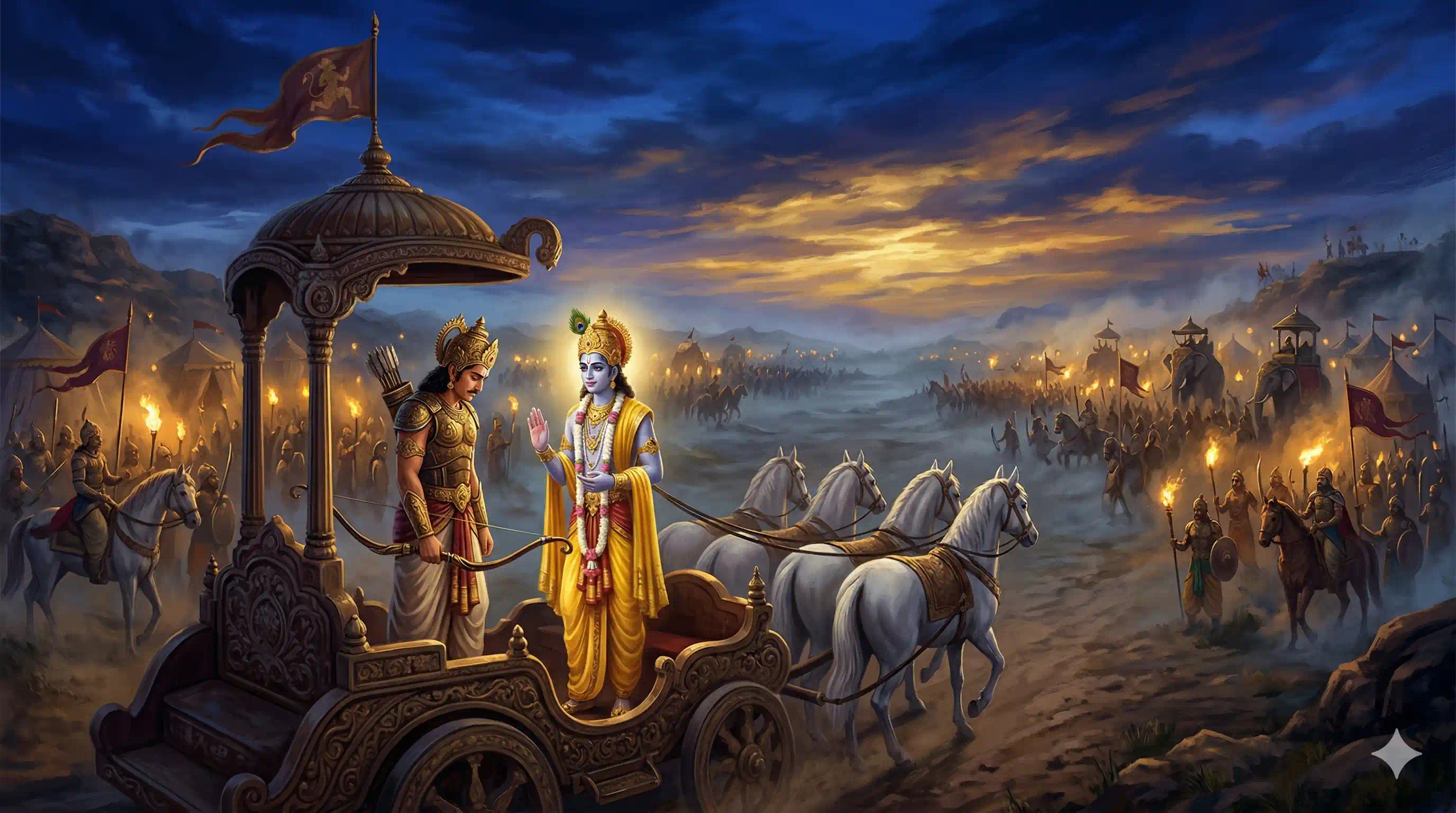 Arjuna and Krishna on the battlefield of Kurukshetra — the first question