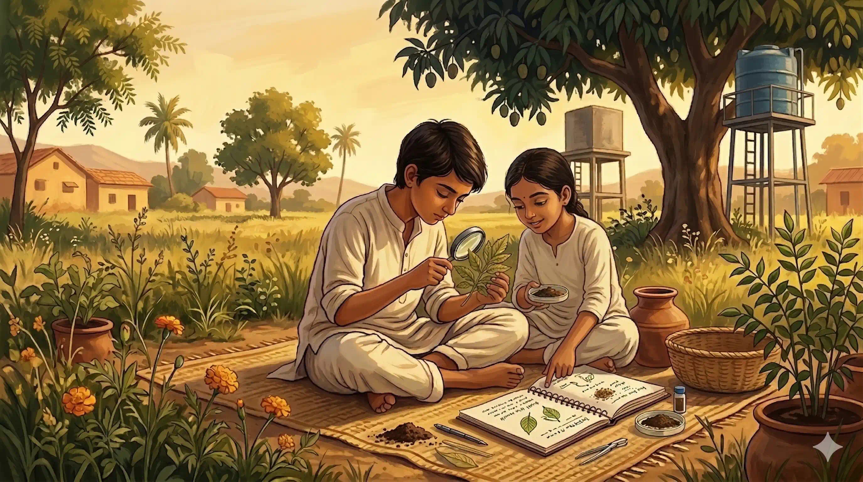 A young Indian student looking through a microscope in a field setting — science as part of daily life