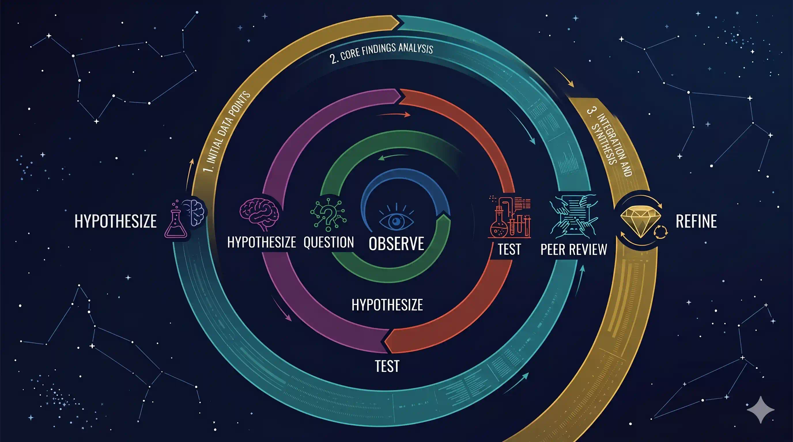 The Scientific Knowledge Cycle — a spiral from observation through hypothesis, testing, peer review, and refinement