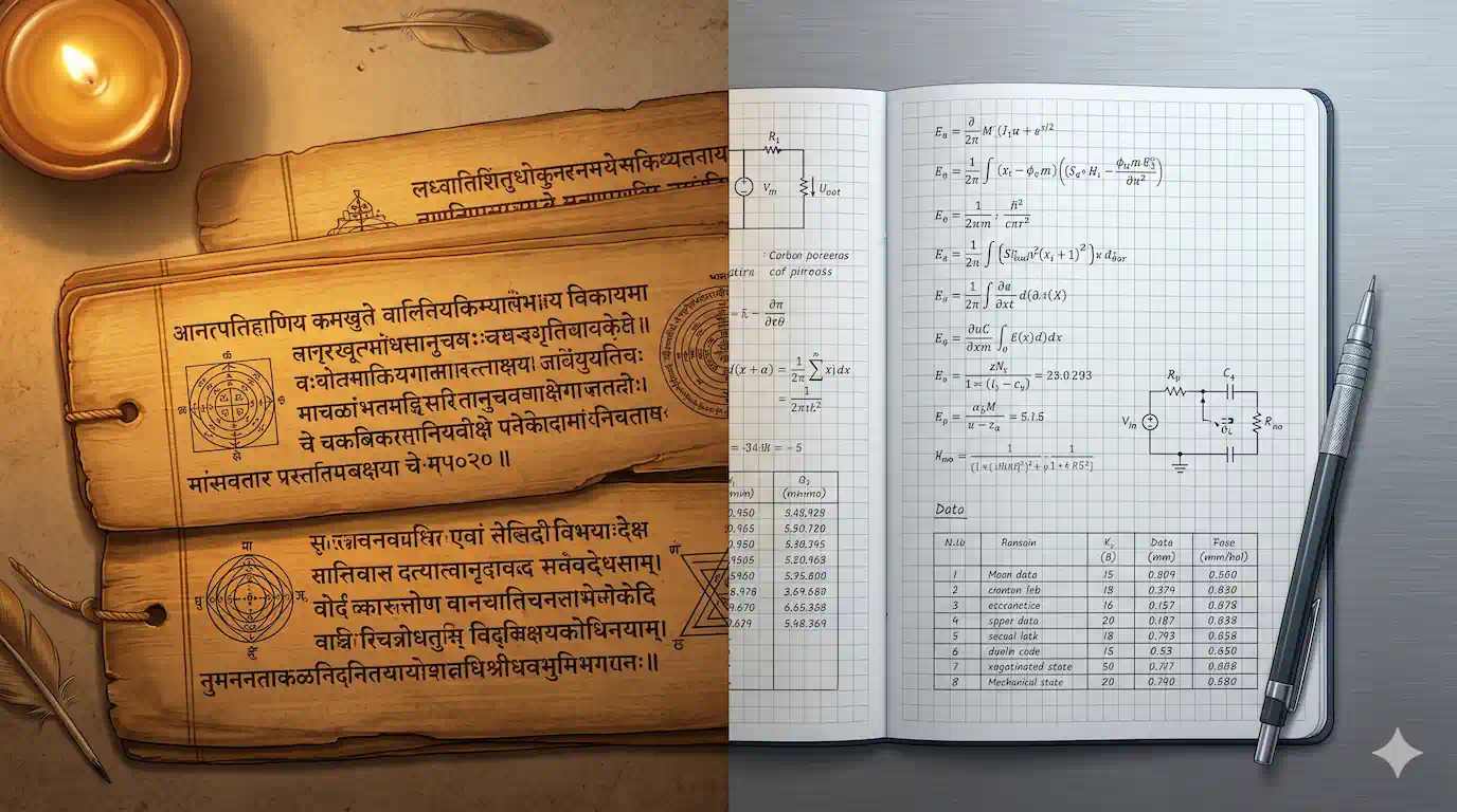 A page from an ancient Indian manuscript alongside a modern scientific diagram — the continuum of knowledge