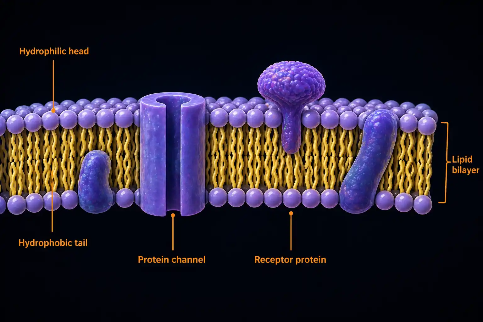 Cross-section of a cell membrane showing the lipid bilayer with hydrophilic heads facing outward and hydrophobic tails facing inward, with various proteins embedded throughout — some as channels, some as receivers, some spanning the full bilayer