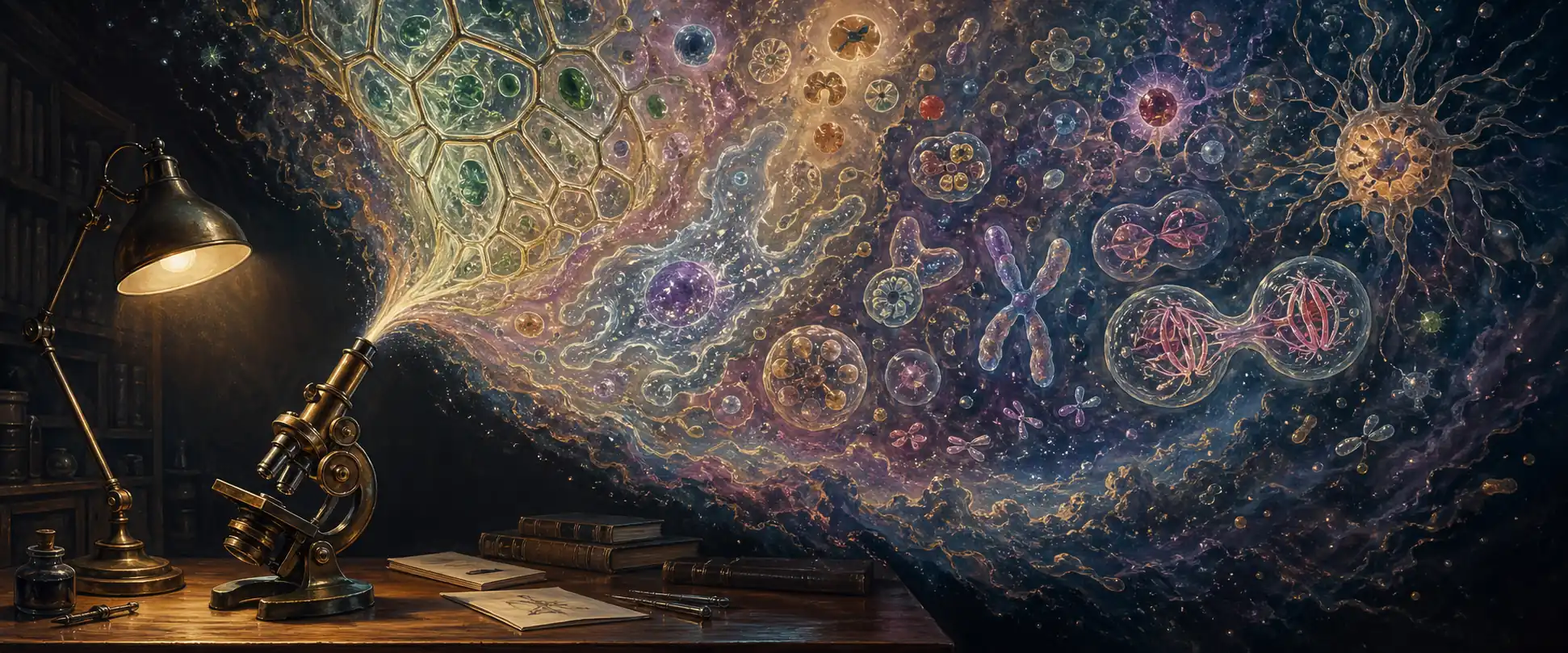 A microscope illuminated on a wooden desk, with a faint glowing eye and an explosion of microscopic detail rising from the eyepiece — a metaphor for extending human perception into the world of the very small