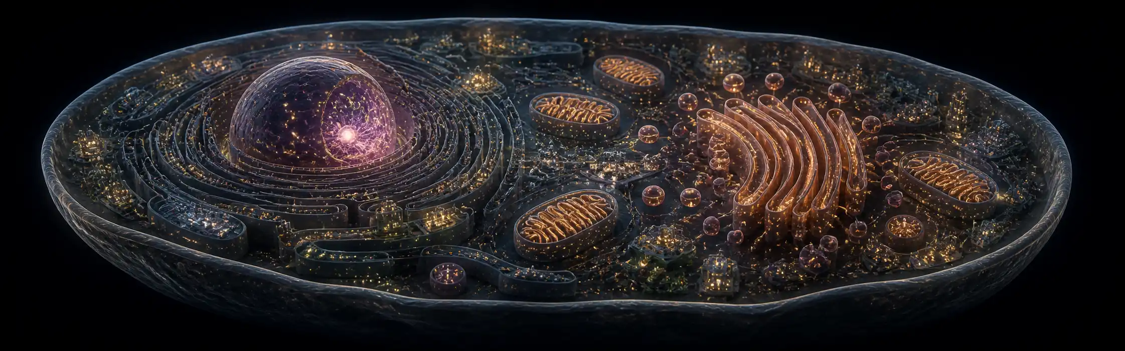 A wide cinematic view of a single cell rendered like a busy industrial factory at golden hour — multiple organelles visible inside, each glowing softly to suggest activity, all coordinated within the cell's transparent boundary