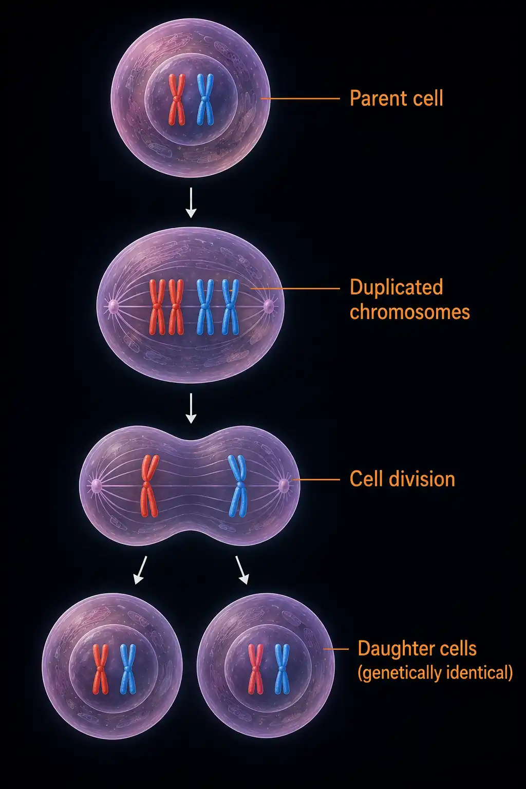 Diagram showing mitosis flowing from a single parent cell with paired chromosomes, through duplication and alignment of chromosomes, to two daughter cells each with identical chromosome sets