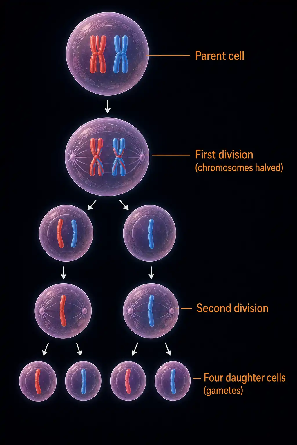 Diagram showing meiosis flowing from a parent cell through two successive divisions to produce four daughter cells, each with half the original chromosome number