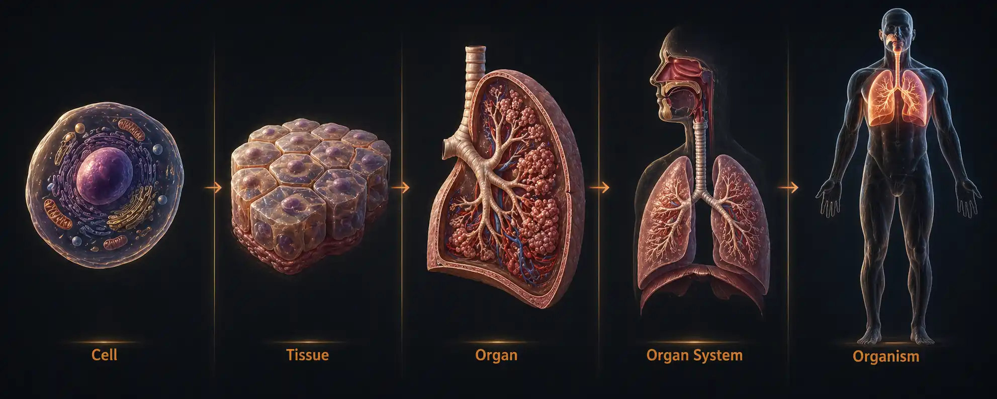 A visual showing the hierarchy of biological organisation — single cell, group of cells forming tissue, tissues forming an organ (such as the lung), organs together forming an organ system (the respiratory system), all within a complete organism