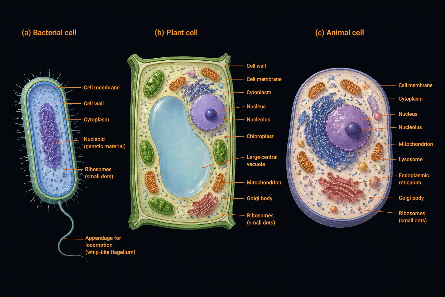 A side-by-side educational illustration of a typical bacterial cell, a typical plant cell, and a typical animal cell, with key features labelled in each