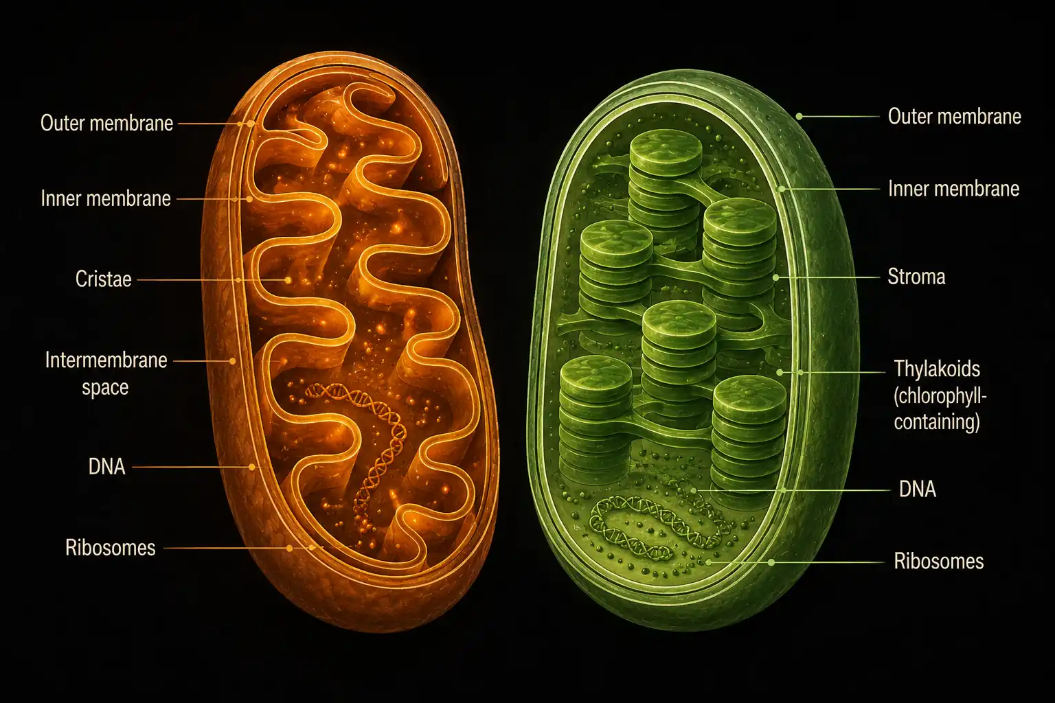 Side-by-side cross-section diagrams of a mitochondrion (showing outer membrane, intermembrane space, inner membrane folded into cristae, with DNA and ribosomes inside) and a chloroplast (showing outer membrane, inner membrane, stroma, and stacks of disc-shaped thylakoids containing chlorophyll, with DNA and ribosomes inside)