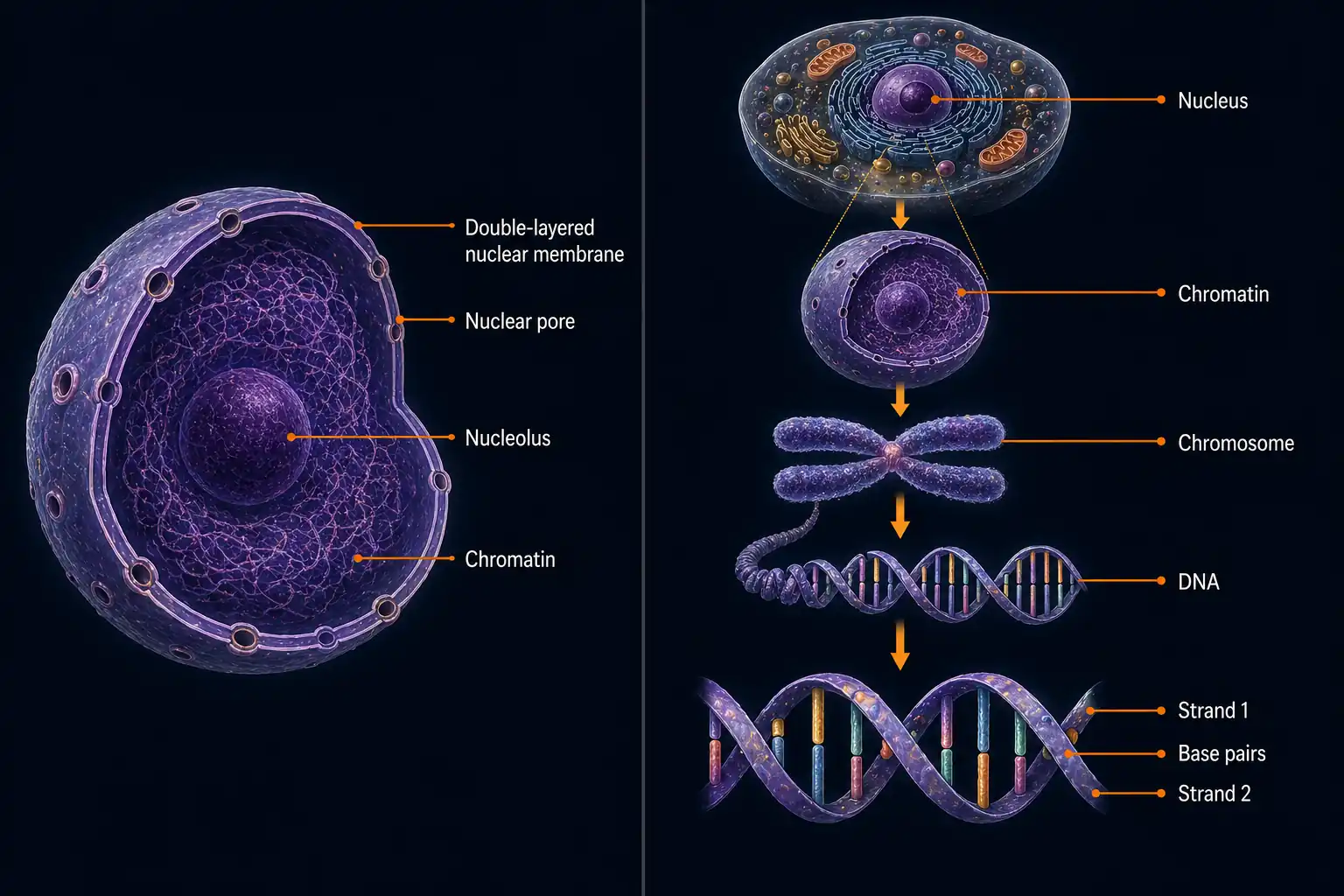 Two-panel diagram. Left panel: structure of the nucleus showing double nuclear membrane, nuclear pores, nucleolus, and chromatin. Right panel: a zoom-in sequence — cell → nucleus → chromosome → coiled DNA → DNA double helix
