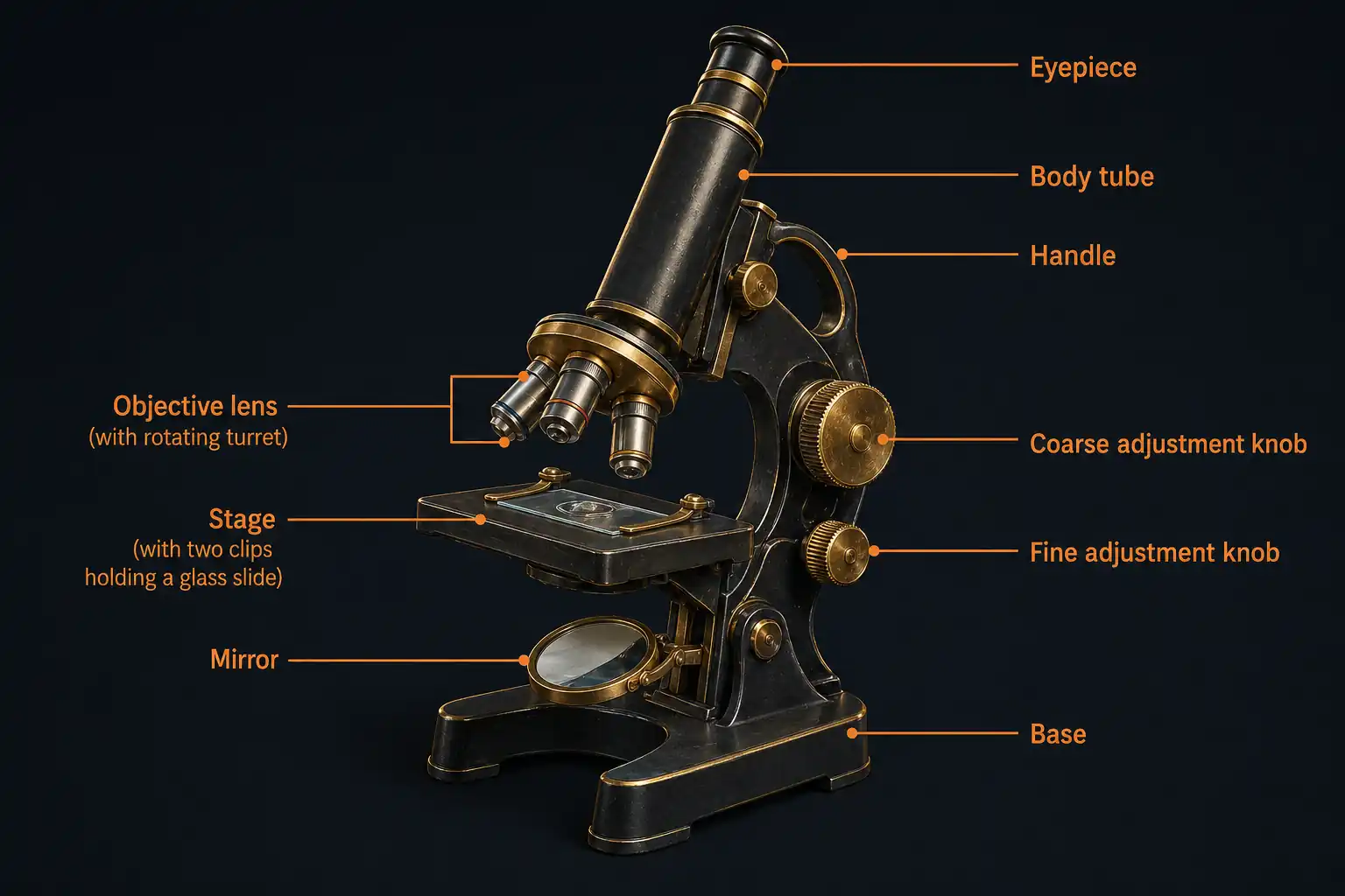 Labelled diagram of a light microscope showing eyepiece, body tube, coarse and fine adjustment knobs, objective lens turret, stage, mirror, base, and handle