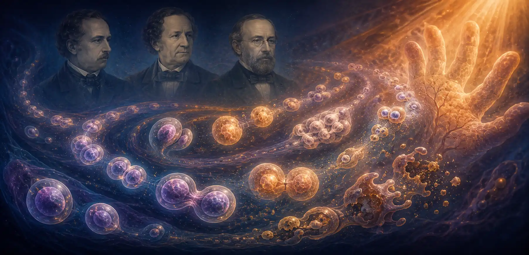 A cinematic vision of cells in cycles — some dividing, some dying naturally, some being assembled into developing tissues — all flowing in continuous motion, with three nineteenth-century scientists' silhouettes rising thoughtfully behind the cellular landscape