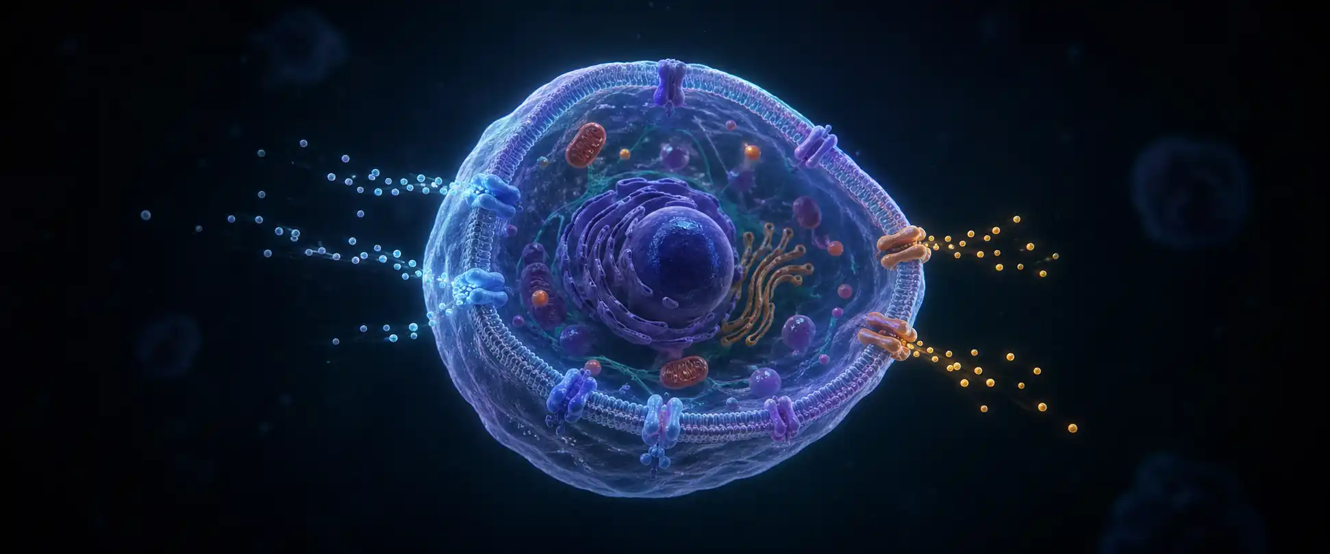 A glowing cell suspended in a wider darkness, its membrane visible as a delicate luminous boundary with selective channels allowing molecules to pass — a metaphor for the discerning border between inside and outside