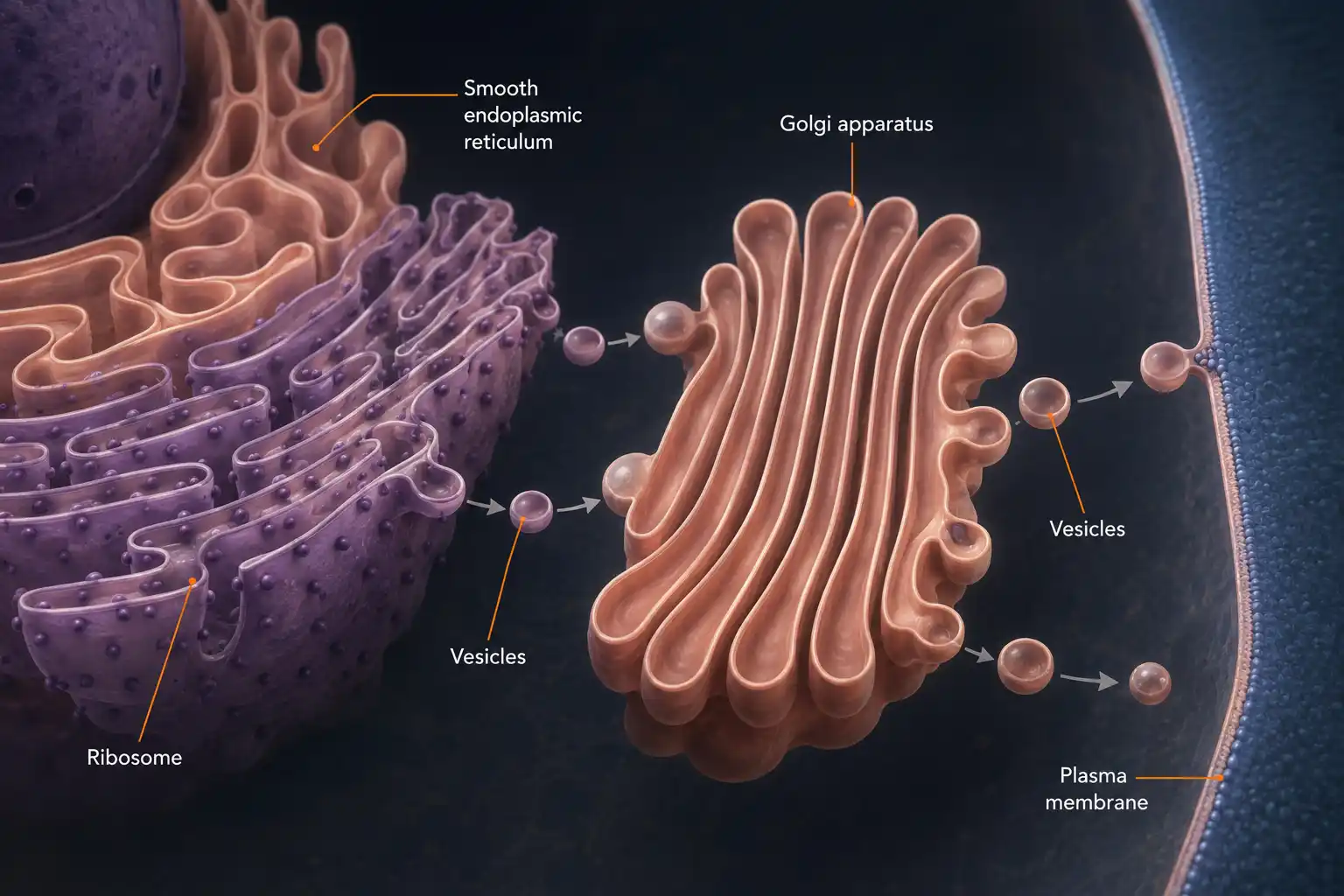 Cross-section illustration showing the rough endoplasmic reticulum (with attached ribosomes) and the Golgi apparatus (stacked flat sacs) beside it, with vesicles budding off and travelling to the cell membrane