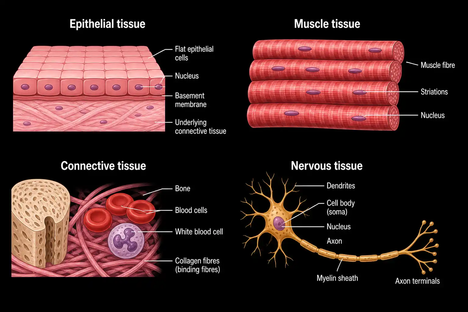 Diagram showing the four major animal tissue types each illustrated with one example — skin, muscle, blood vessels with bone, neuron