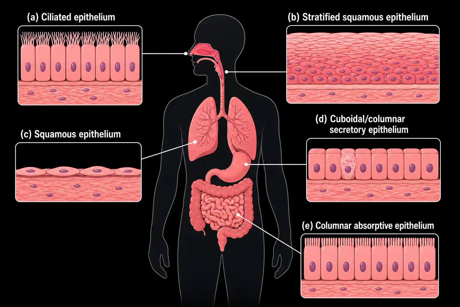 Diagram of a human silhouette with arrows pointing to five regions, each showing the epithelial tissue type found there