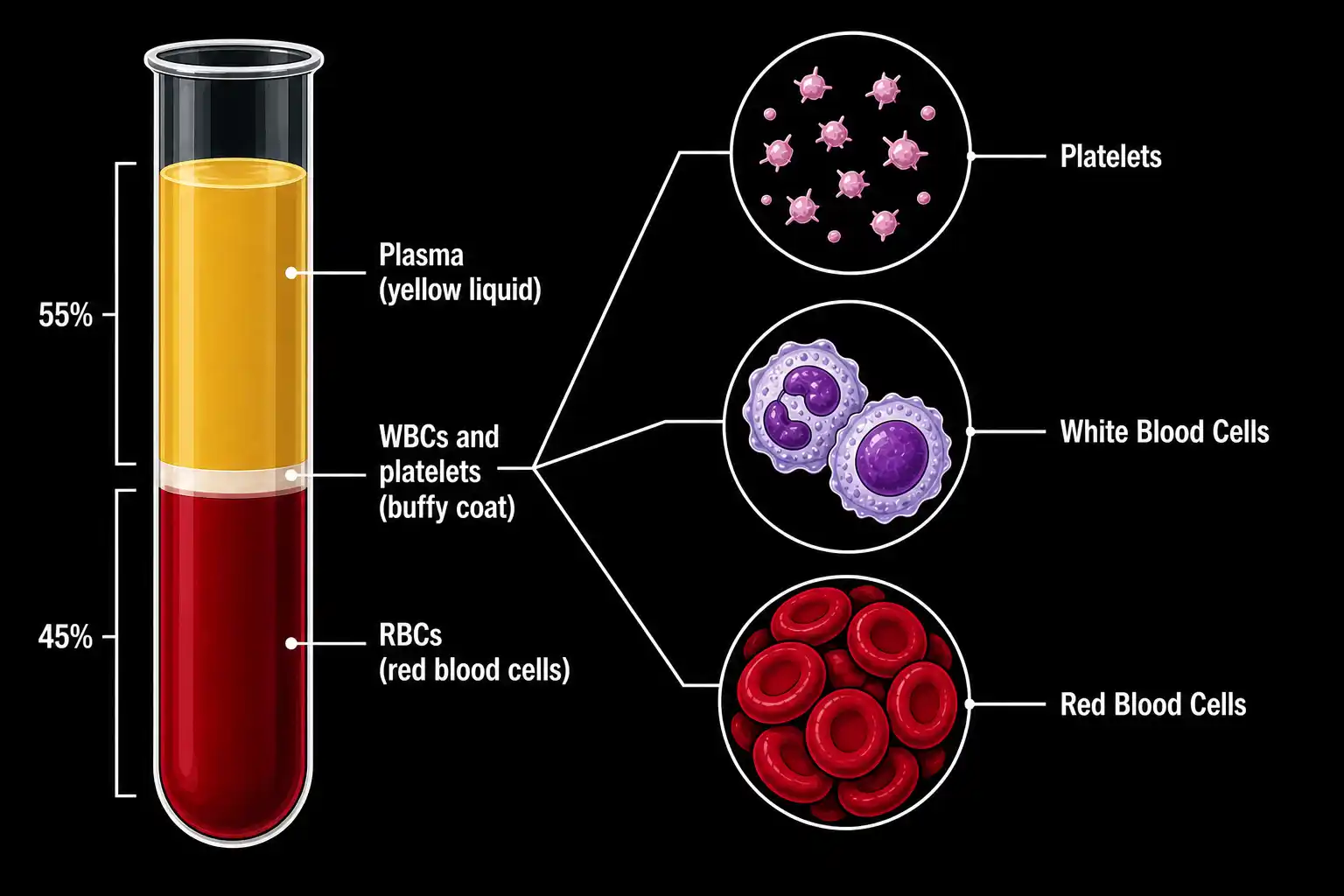 Diagram of a test tube of separated blood components alongside close-ups of RBCs, WBCs, and platelets