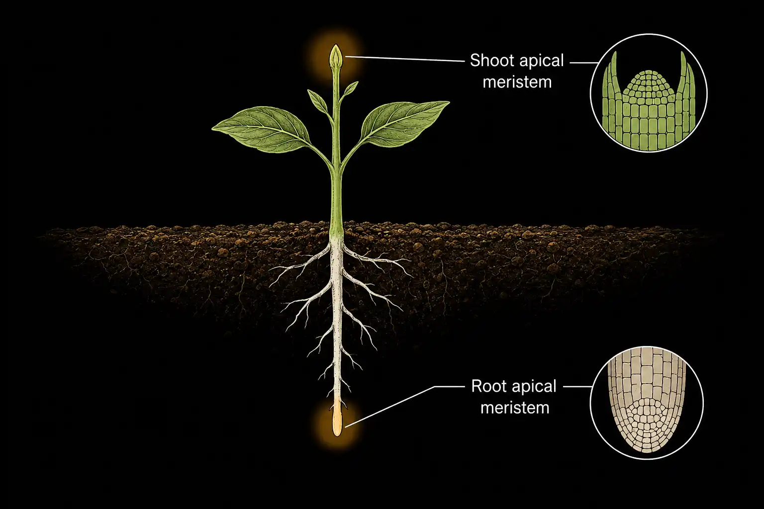 Diagram of a young sapling showing locations of apical meristem at root tip and shoot tip