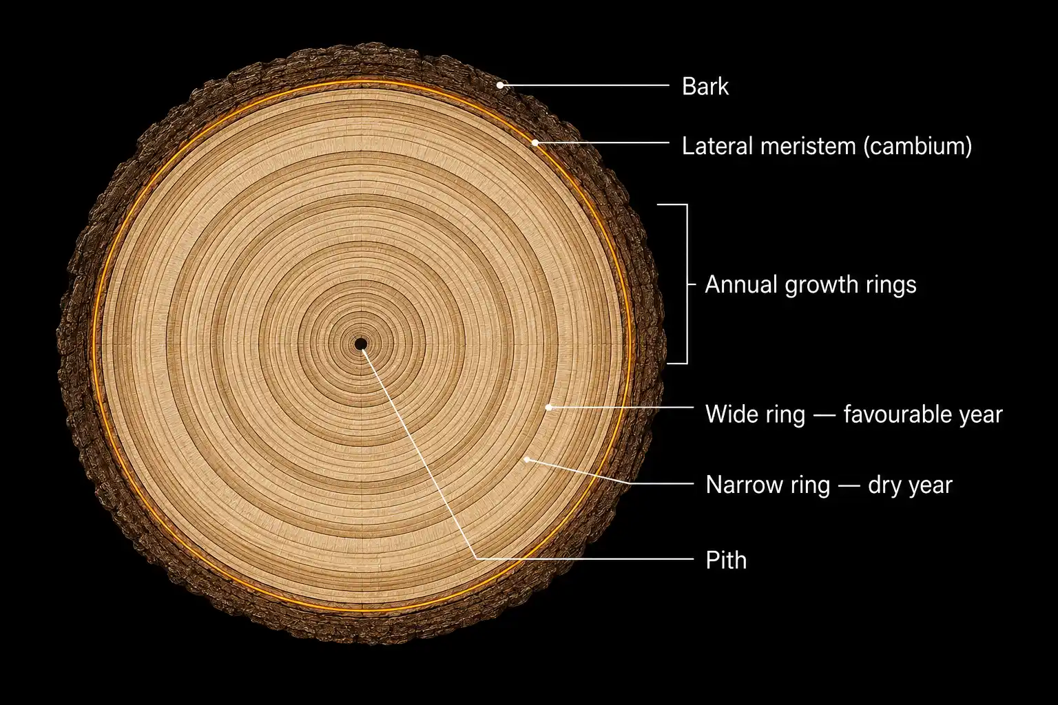 Cross-section of a tree trunk showing concentric annual rings, with the lateral meristem ring labelled