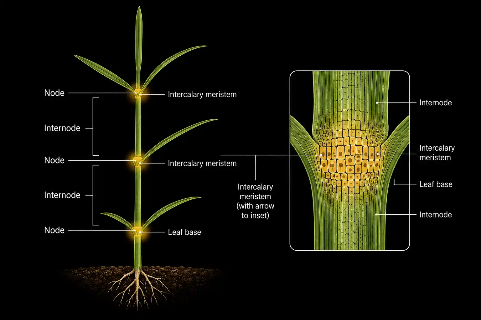 Diagram of a grass plant showing the location of intercalary meristems at the base of each node, with an inset close-up