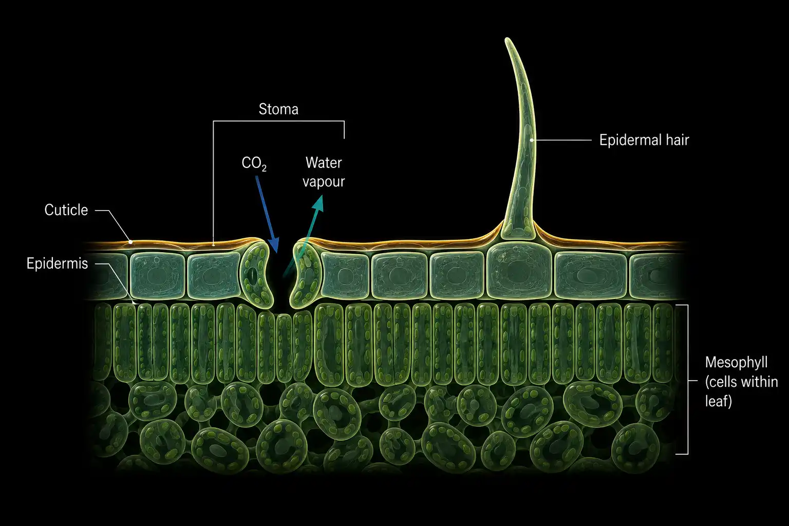 Cross-section of a leaf surface showing epidermis, cuticle, stomata, and an epidermal hair