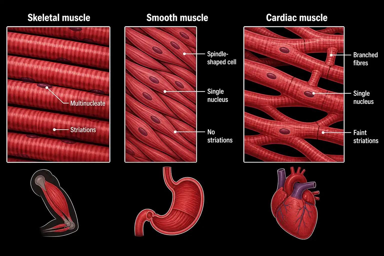 Three side-by-side microscopic illustrations of skeletal, smooth, and cardiac muscle tissue with labelled features