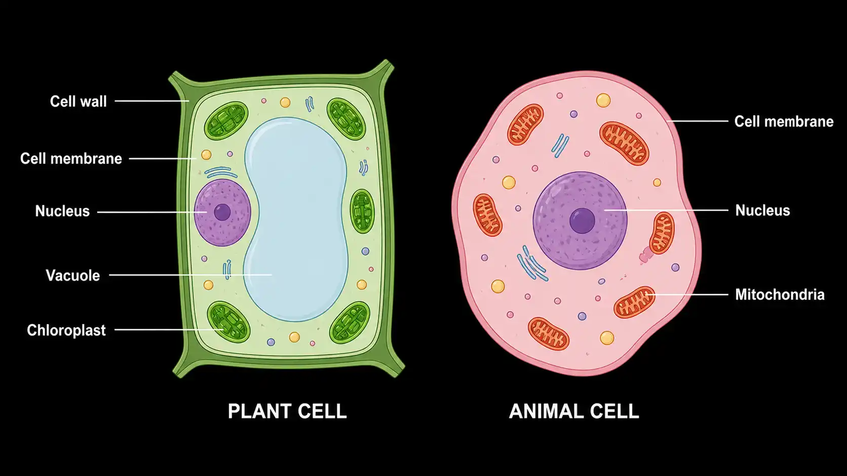 Side-by-side comparison of a plant cell and an animal cell with their boundaries labelled