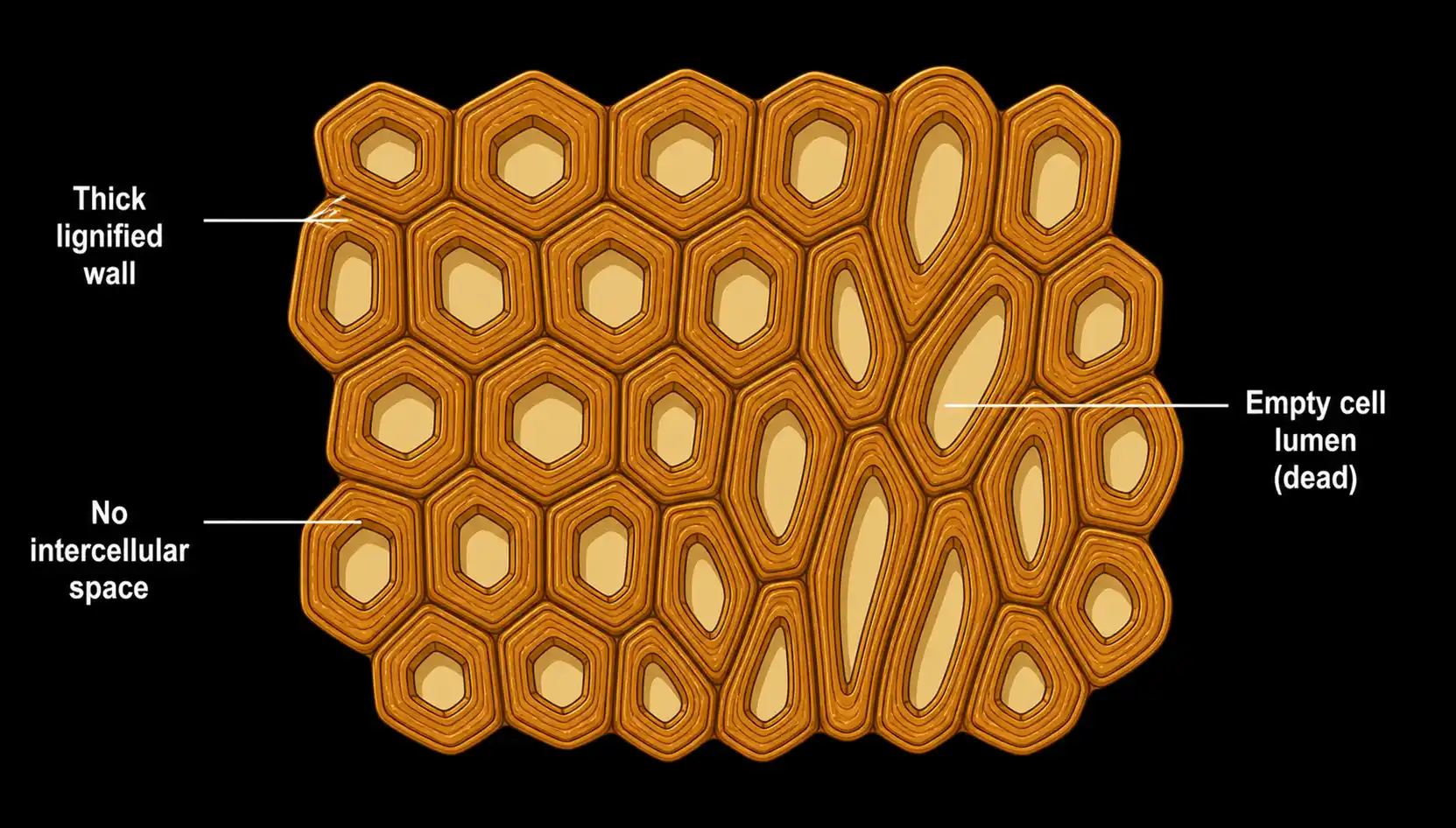 Microscopic illustration of sclerenchyma cells with thickened lignified walls and empty interiors