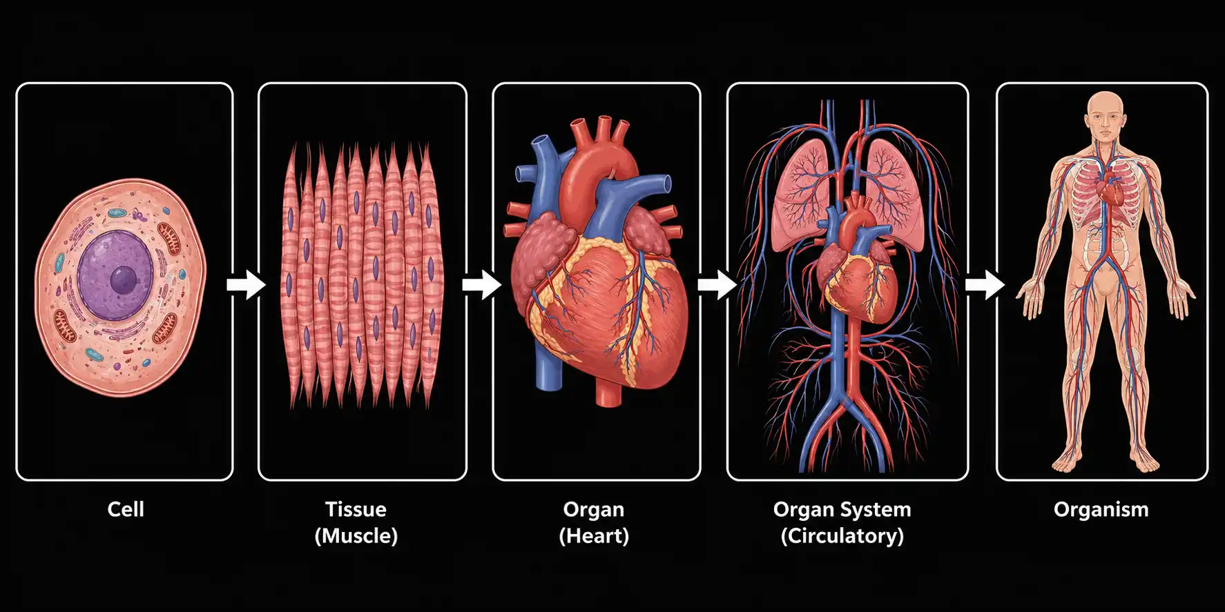 Five levels of biological organisation: cell, tissue, organ, organ system, organism — shown left to right with arrows