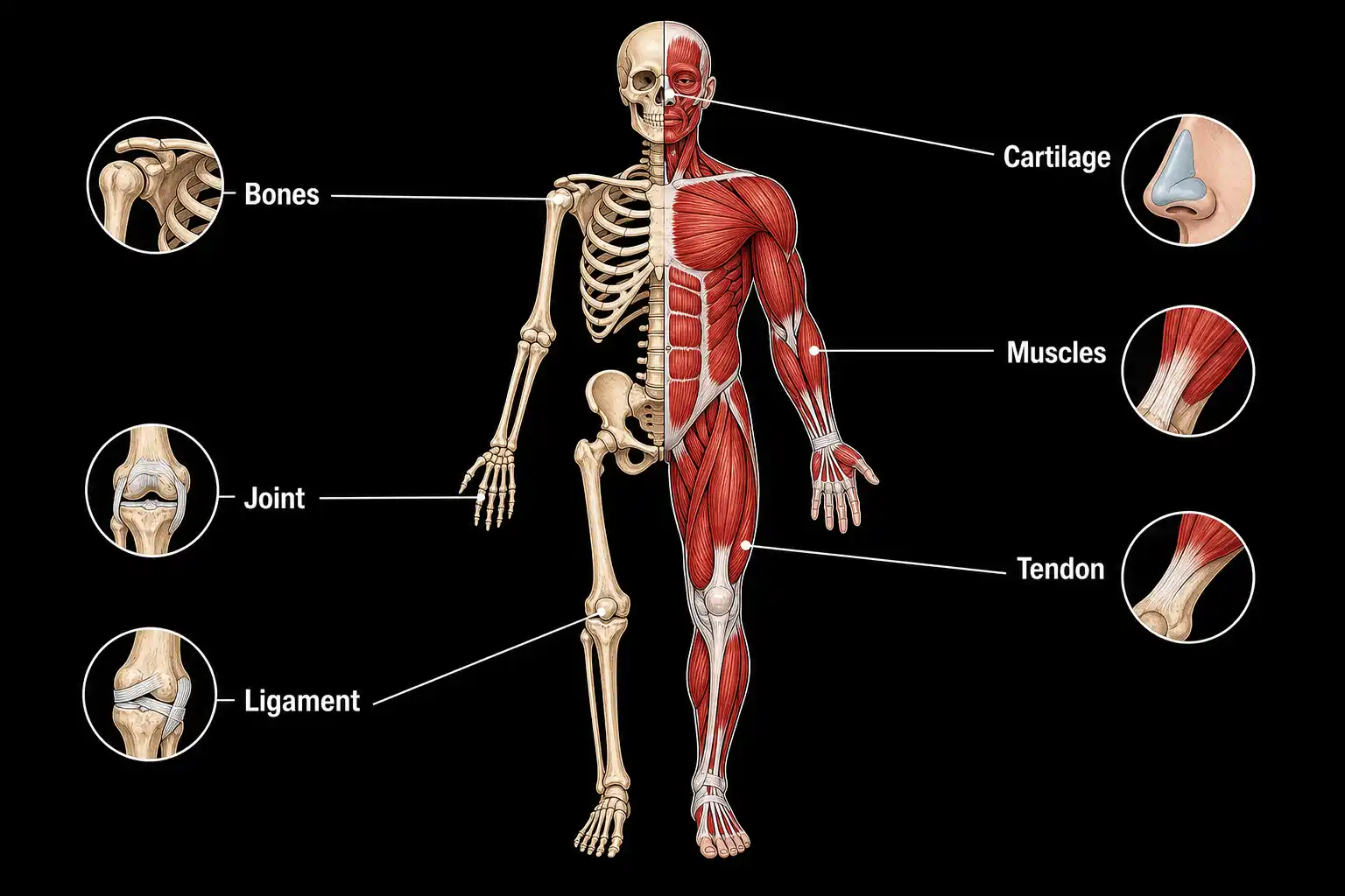 A full anatomical illustration of the human musculoskeletal system showing skeleton, muscles, joint, tendon, and ligament with labels