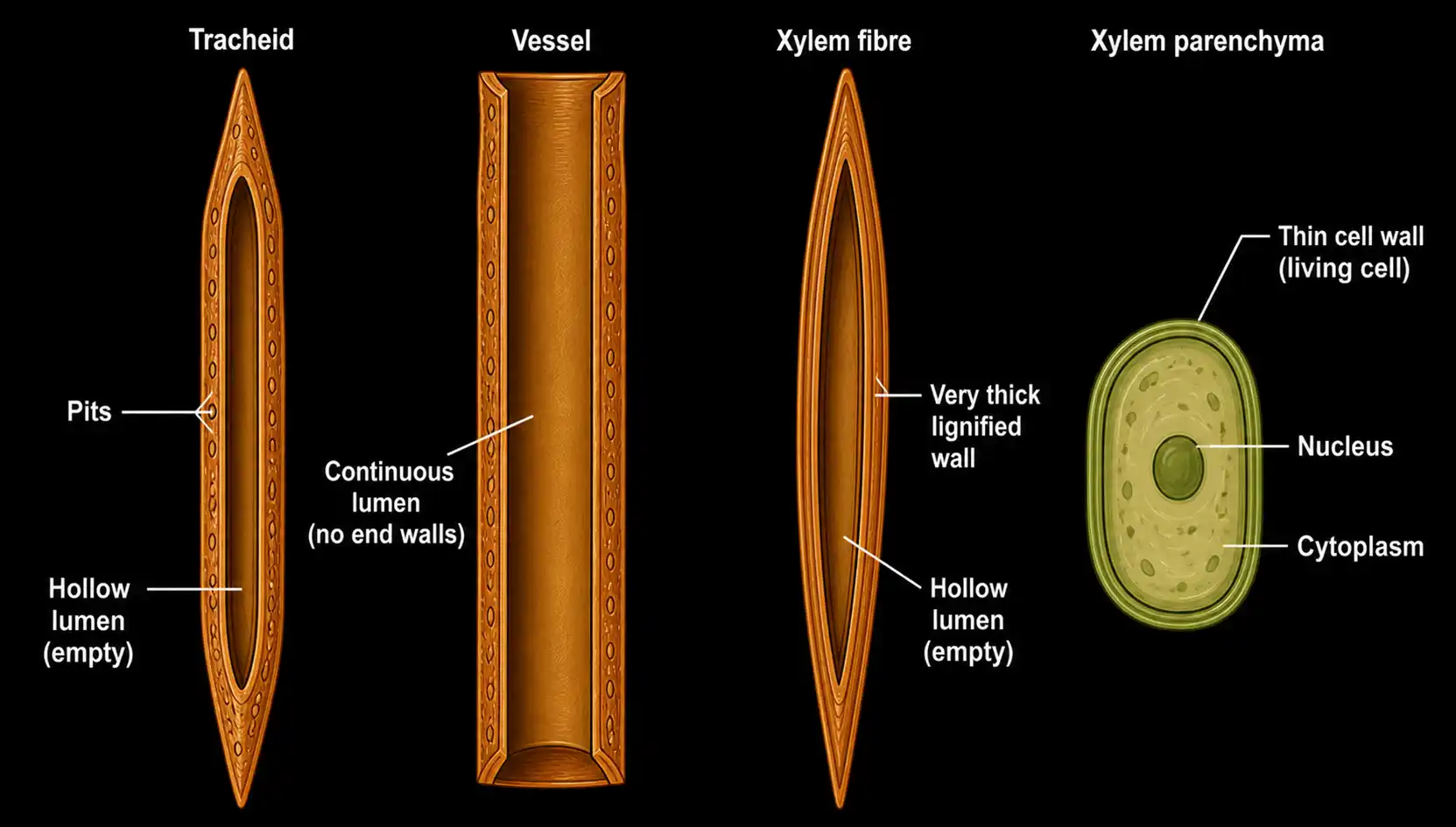 Microscopic illustration of xylem tissue showing tracheids, vessels, xylem fibres, and xylem parenchyma