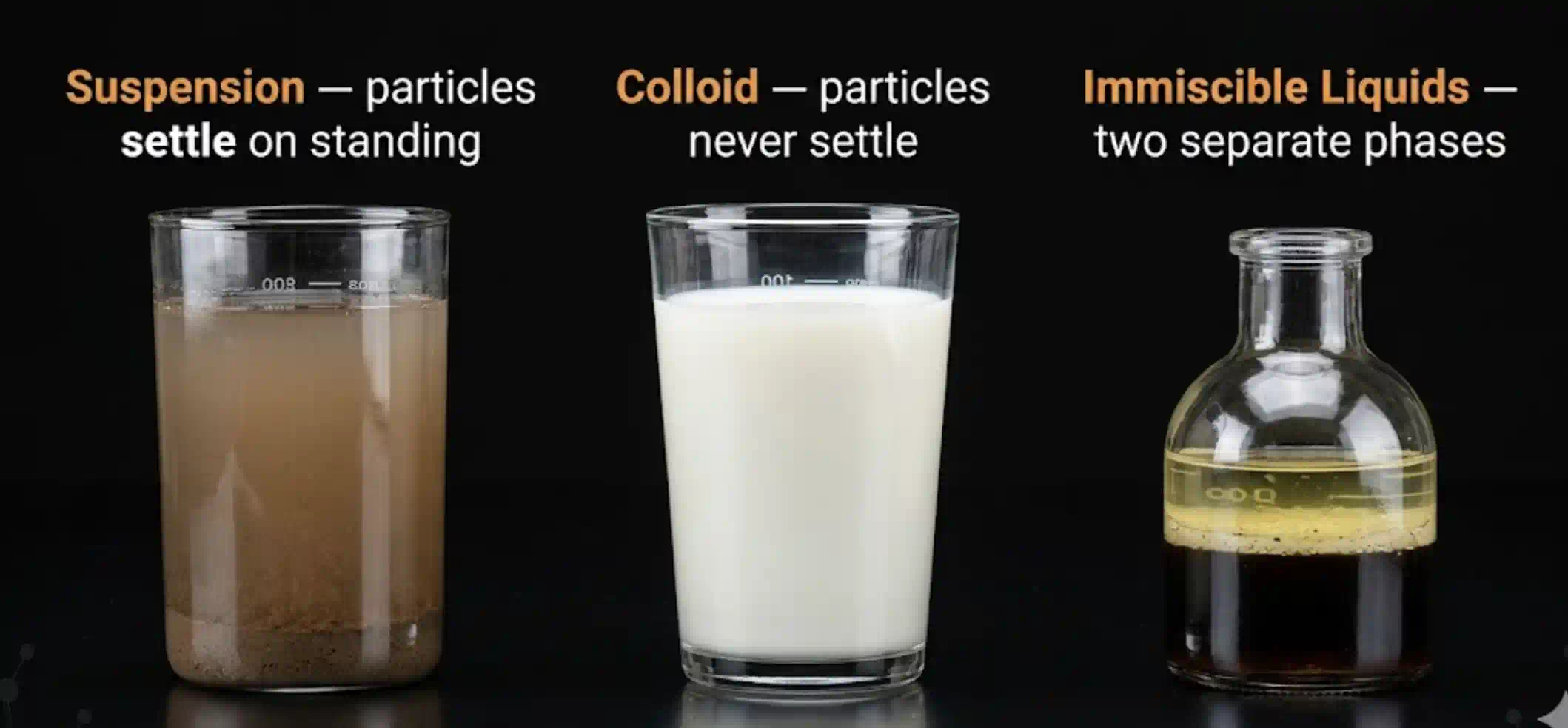 Three containers illustrating suspension, colloid, and immiscible liquids