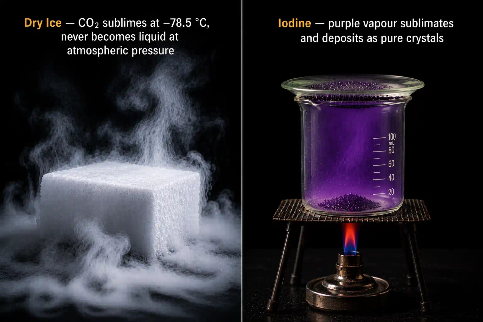 Sublimation examples — dry ice and iodine crystals