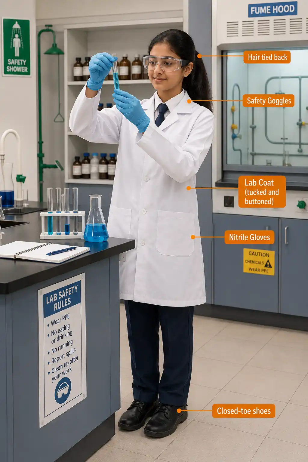 Student in full PPE in a school chemistry laboratory