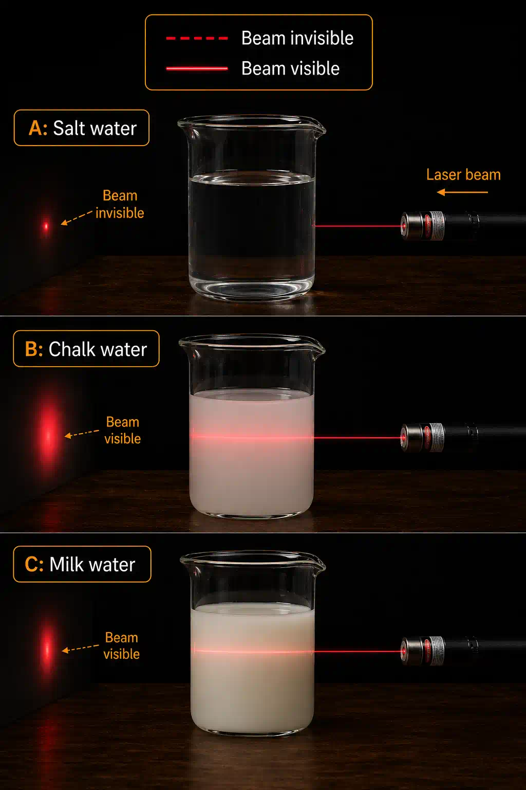 Laser pointer beam passing through three beakers of salt water, chalk water, and milk water