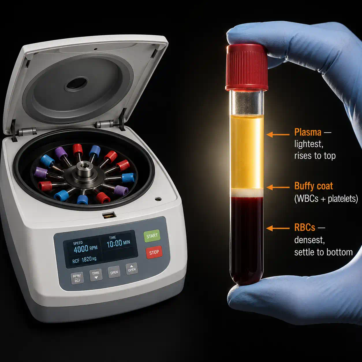 Centrifuge machine with separated blood components in test tube
