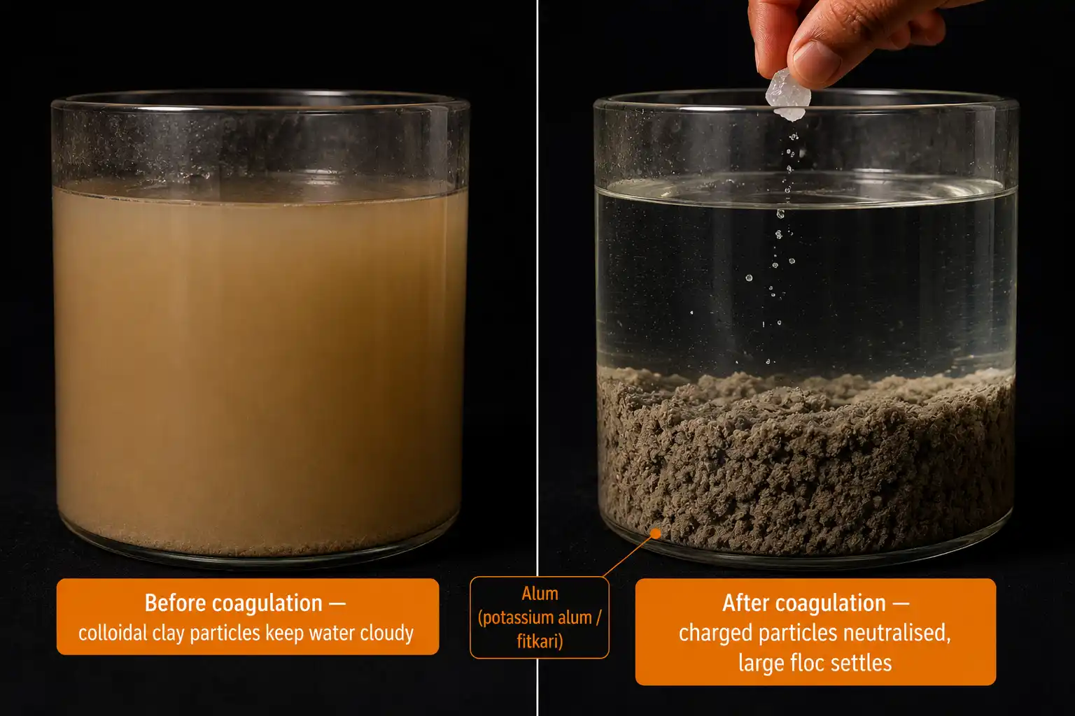 Coagulation in water treatment — before and after alum treatment