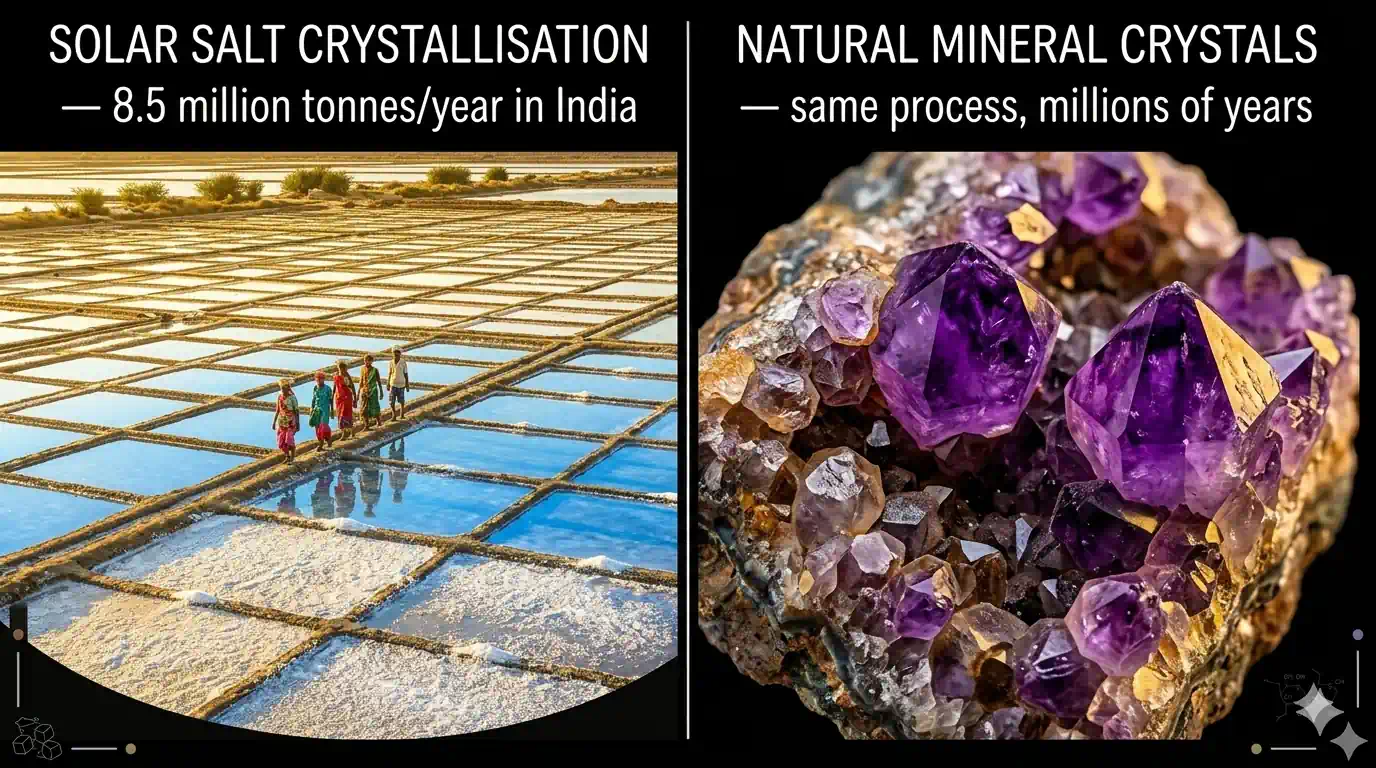 Natural crystal formations — salt pans and mineral crystals