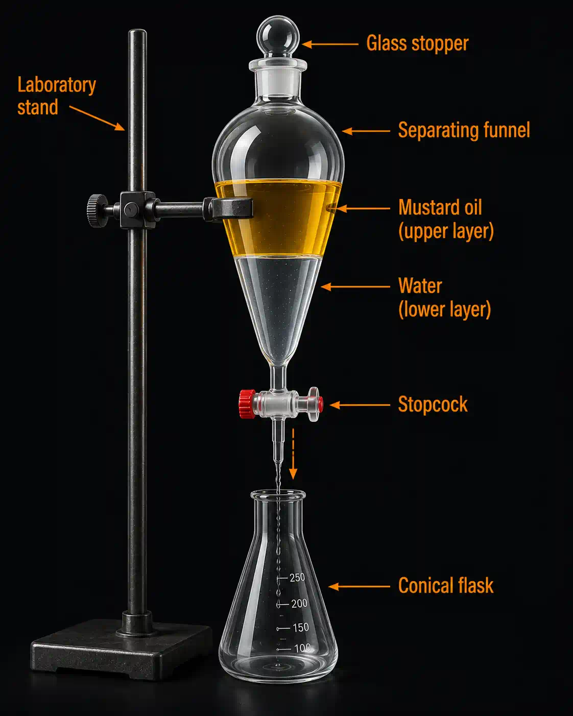 Labelled separating funnel apparatus on a lab stand with mustard oil floating above water and a stopcock at the bottom