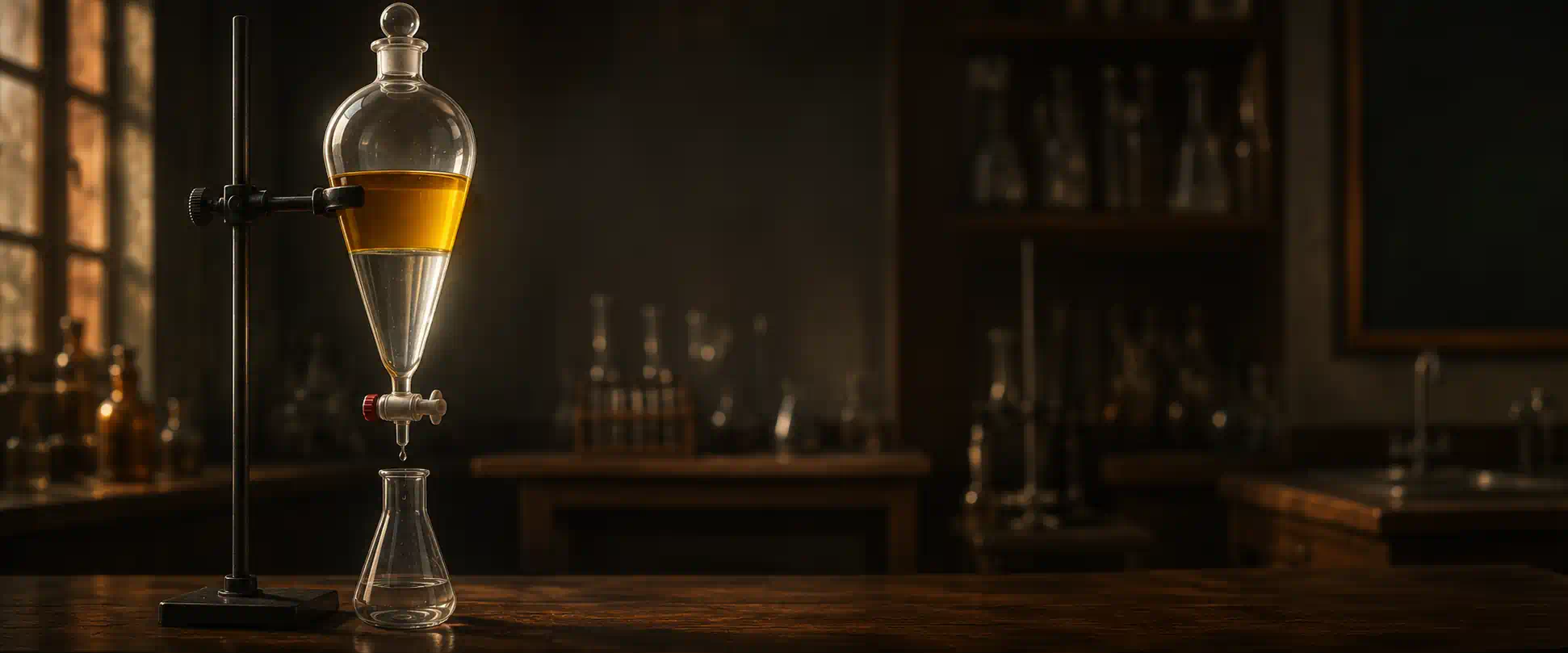 A separating funnel with golden mustard oil floating above clear water — the moment two stubbornly different liquids reveal themselves