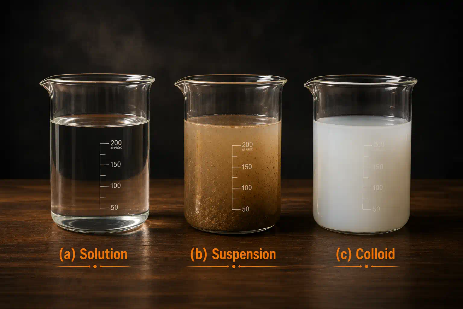 Three beakers labelled (a) Solution — clear, (b) Suspension — particles visible, (c) Colloid — uniform but cloudy