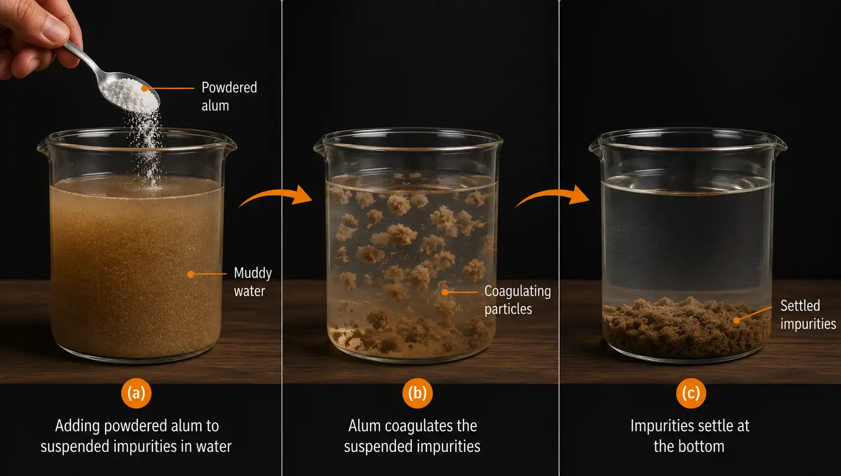 Three-stage diagram showing muddy water treated with powdered alum: alum being sprinkled, particles clumping together, and settled clumps at the bottom of a beaker