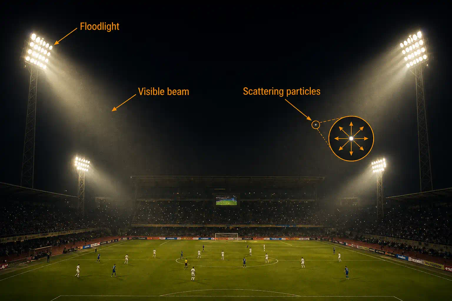 Sports stadium at night with floodlight beams visibly cutting through the air
