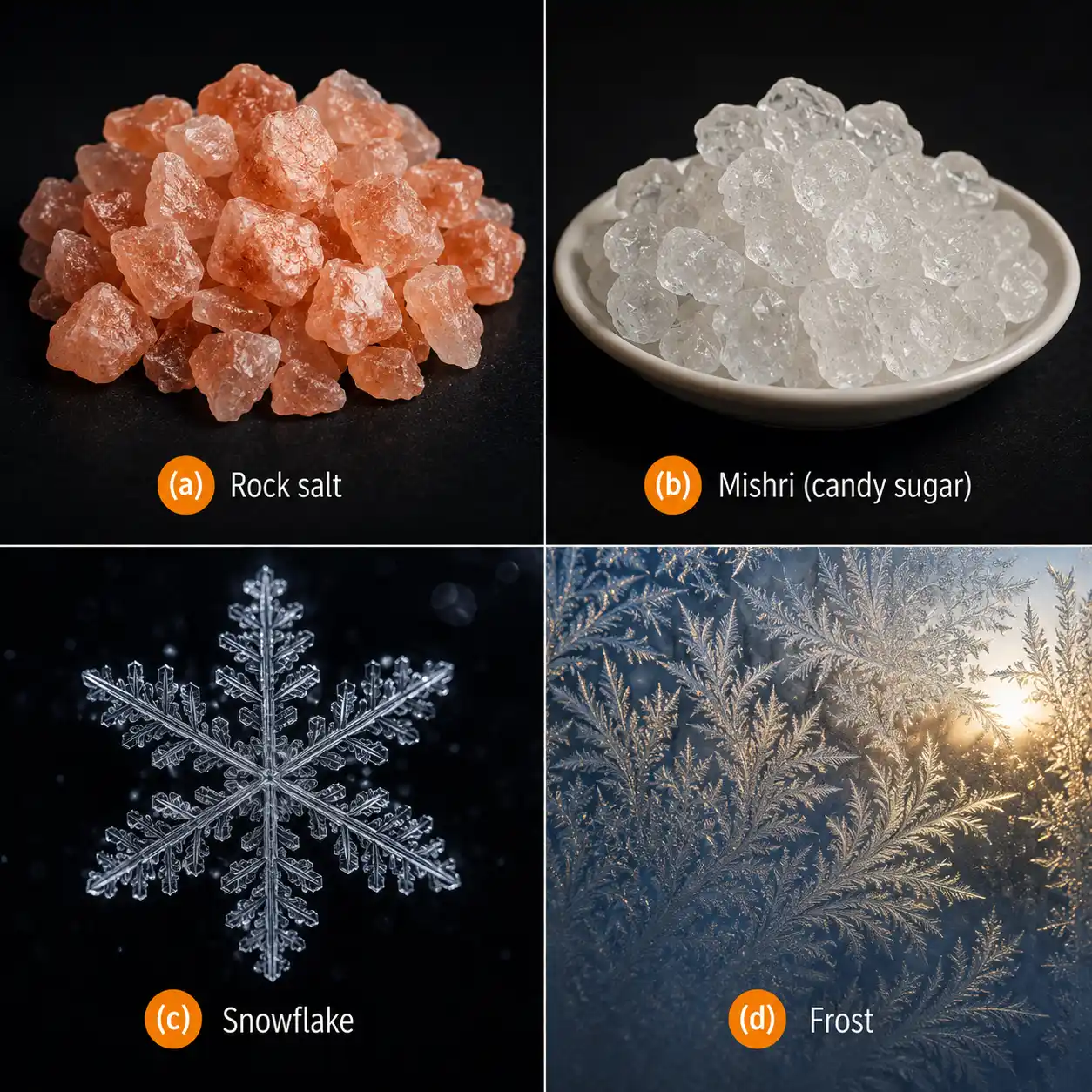 Four natural crystals — rock salt, mishri sugar candy, a snowflake, and frost on a window