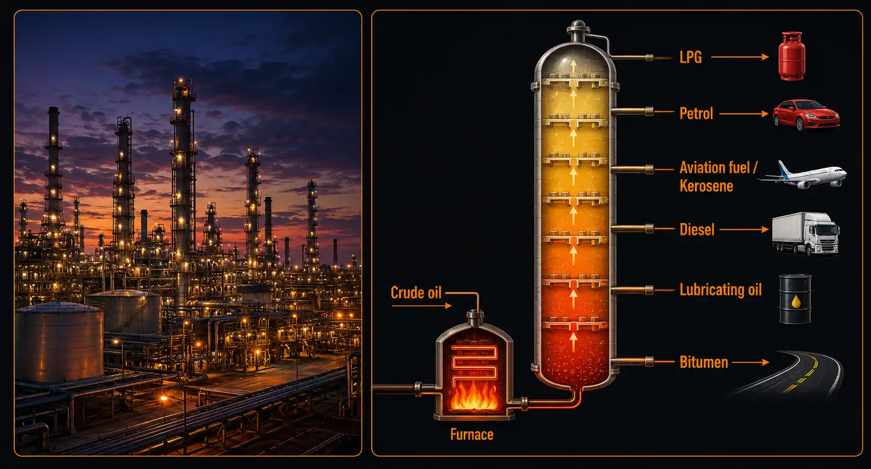 Petroleum refinery and a labelled fractional distillation column showing LPG, petrol, kerosene, diesel, lubricating oil and bitumen drawn off at different heights